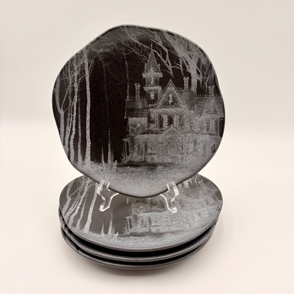 Corona Haunted House Gothic Mansion Ceramic Salad Plates Set of 4 Black Gray